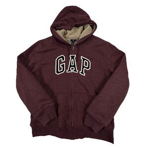 GAP Lined Sherpa Jacket Hoodie Womens Large L Full Zip Embroidered Logo Maroon